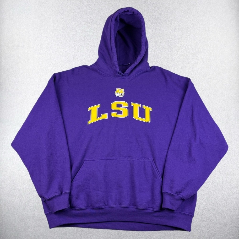 Vintage LSU Tigers Hoodie Mens 2XL Purple Heavy Blend Pullover Sweatshirt NCAA